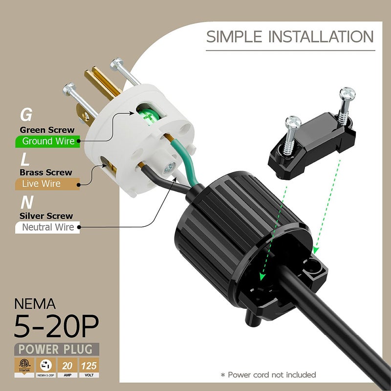 acbroad USA 3-Prong Male AC Plug, ETL Nema 5-20P 3 Pole Straight T- Blade DIY Rewirable, 20A 125V USA 3Pin AC Connector, Nema 5-20 Male US 3Pole Power Plug, Black - Image 3